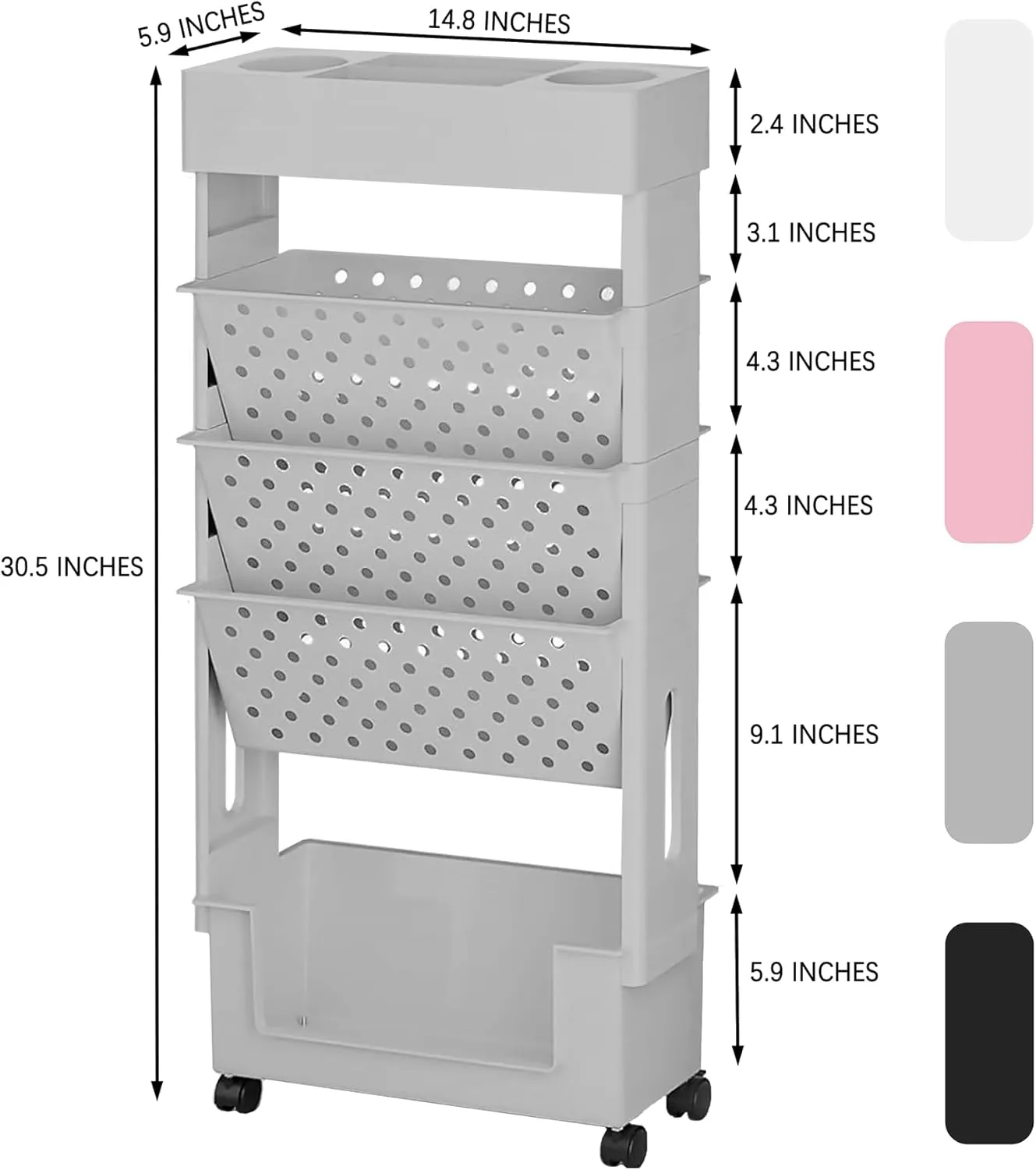 5 Tier Rolling Utility Cart Multi-Functional Movable Storage Book Shelves with Lockable Casters for Study Office Kitchen Classroom, Grey