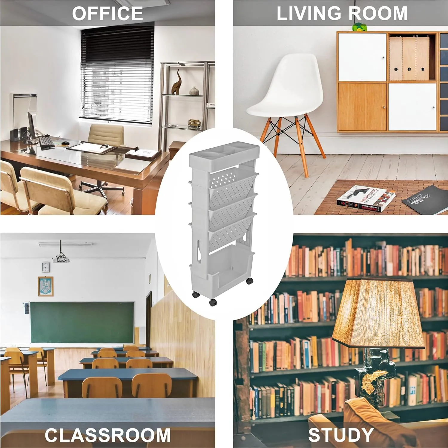 5 Tier Rolling Utility Cart Multi-Functional Movable Storage Book Shelves with Lockable Casters for Study Office Kitchen Classroom, Grey