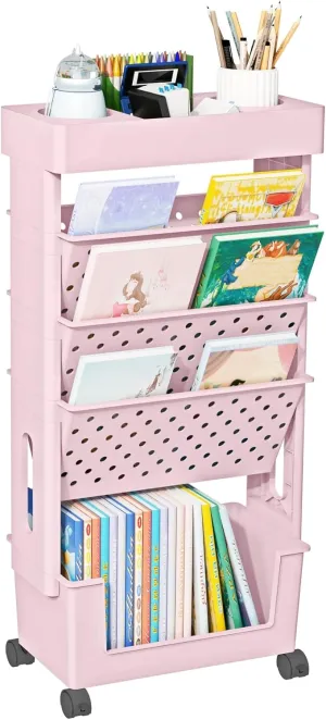 5 Tier Rolling Utility Cart Multi-Functional Movable Storage Book Shelves with Lockable Casters for Study Office Kitchen Classroom, Pink