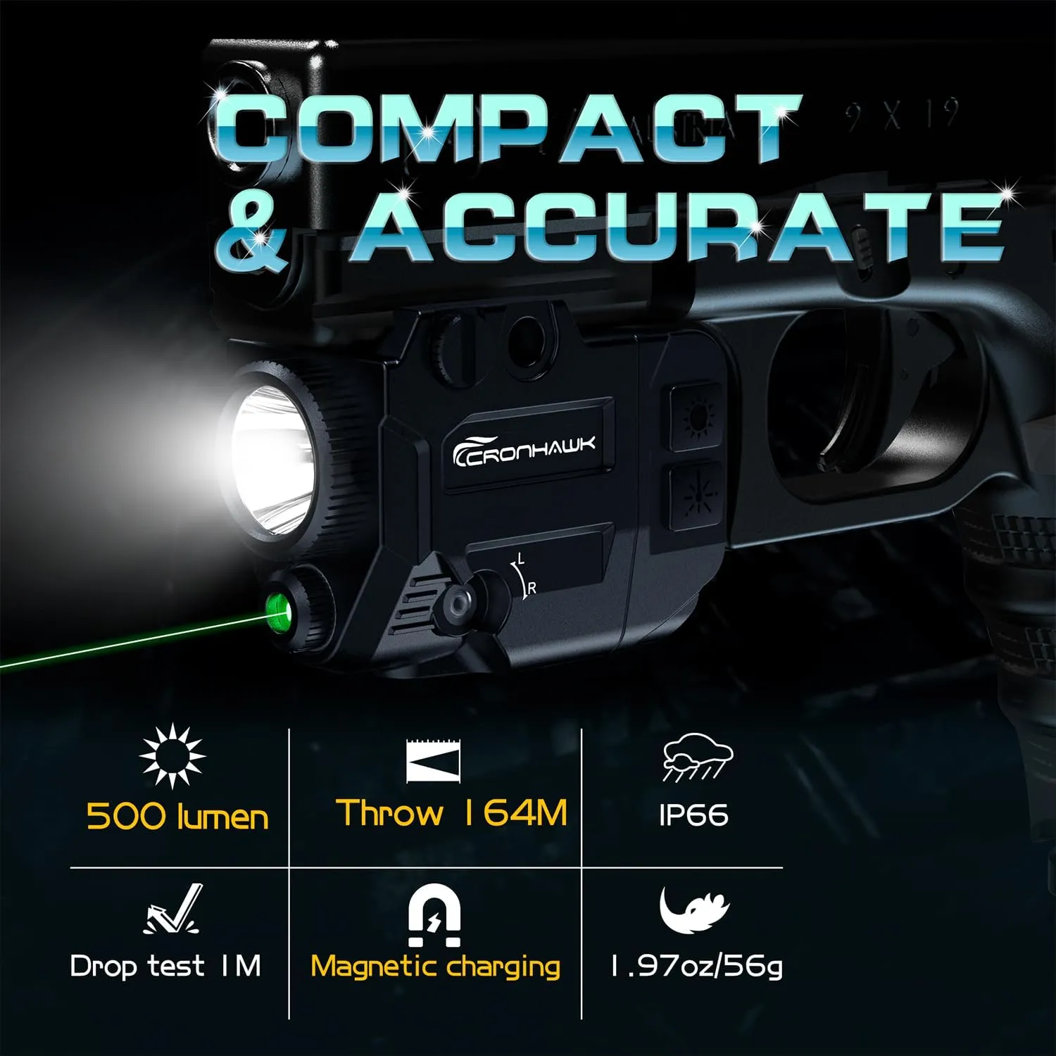 500 Lumens Tactical Weapon Flashlights Laser Sight - Rail-Mounted Light and Green Laser Light Combo for Pistol with Picatinny Rail and GL Rails - Magnetic Charging Port