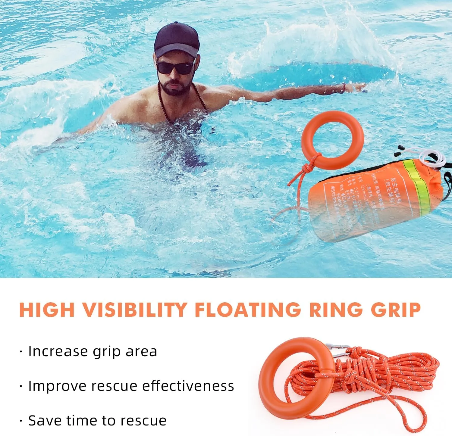 50/65/100 FT Water Rescue Throw Bag, 3/10 Inch 1900LB Tensile Strength Floating Rope with Reflective Stripe & O-Ring, Heavy Duty Safety Professional Water Rescue Kit for Kayak/Raft/Boat Rescue