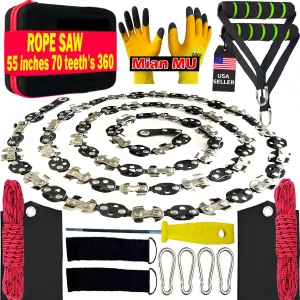 55 Inch High Limb Rope Saw with 70 Sharp Teeth, Effortless 360° Arborist Tree Limb Cutter – Dual Sided Chain Cutting Tool for High Branches, Pocket Wire Chain for Outdoor Adventures with Storage Box