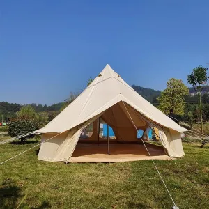 5M Bell Tent Canvas Mongolian Yurt, Double Layer Teepee for Outdoor Camping, Family 4-Season Waterproof with Ventilation