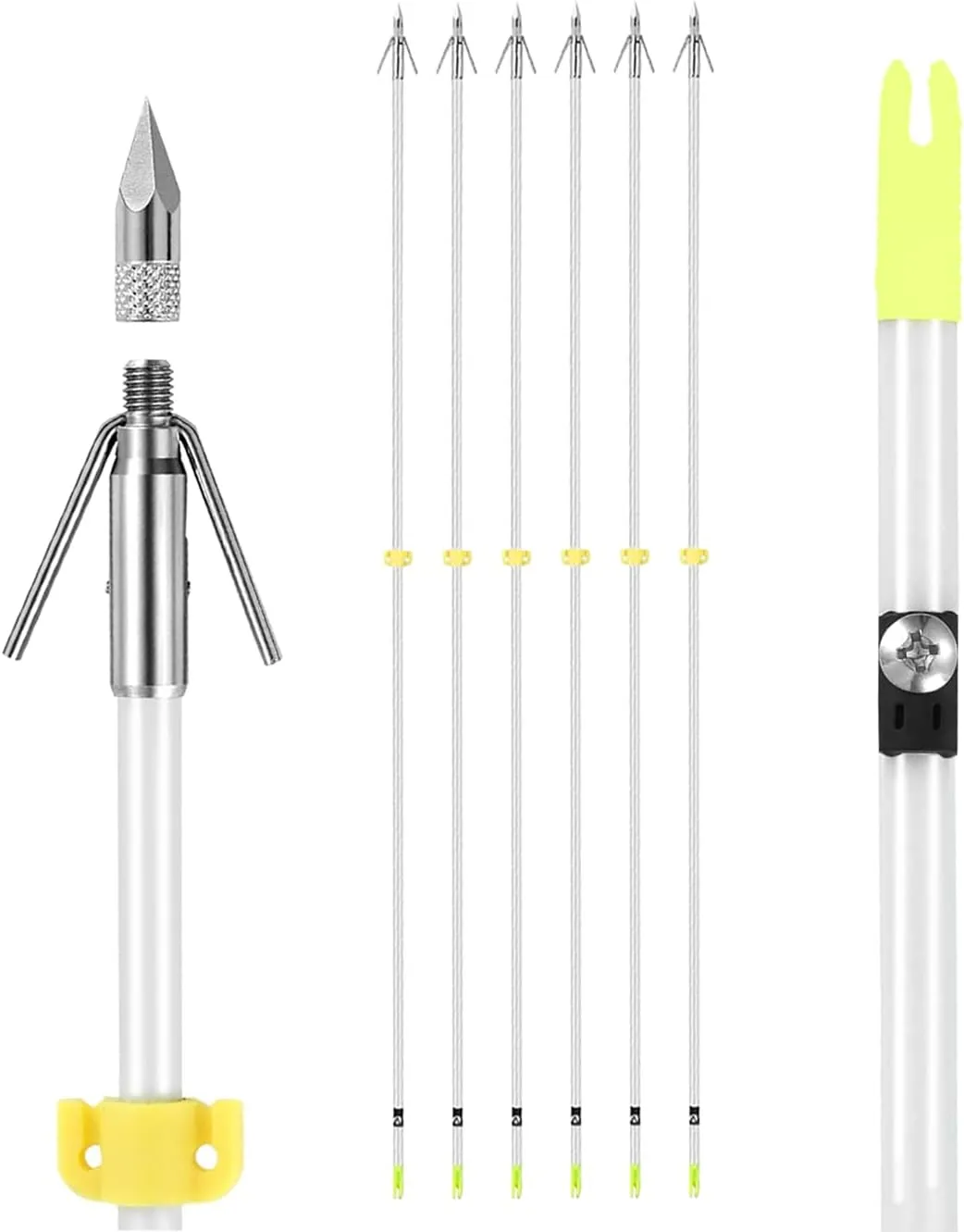 6 Pack 32 inch Bowfishing Arrows with Broadheads & Safty Slides Luminous Bow Fishing Arrows for Compound Bow Recurve Bow Fishing Hunting