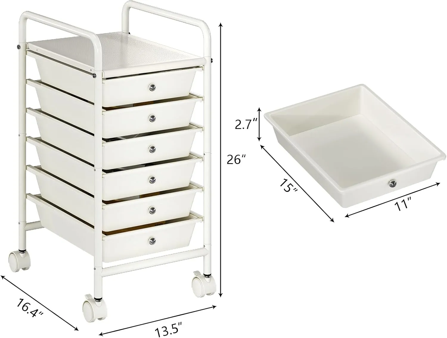 6-Tier Utility Cart with 6 Drawers, Rolling Utility Cart with 2 Lockable Caster Wheels, Multipurpose Mobile Rolling Drawer Cart for Office Bathroom Kitchen, Ivory White