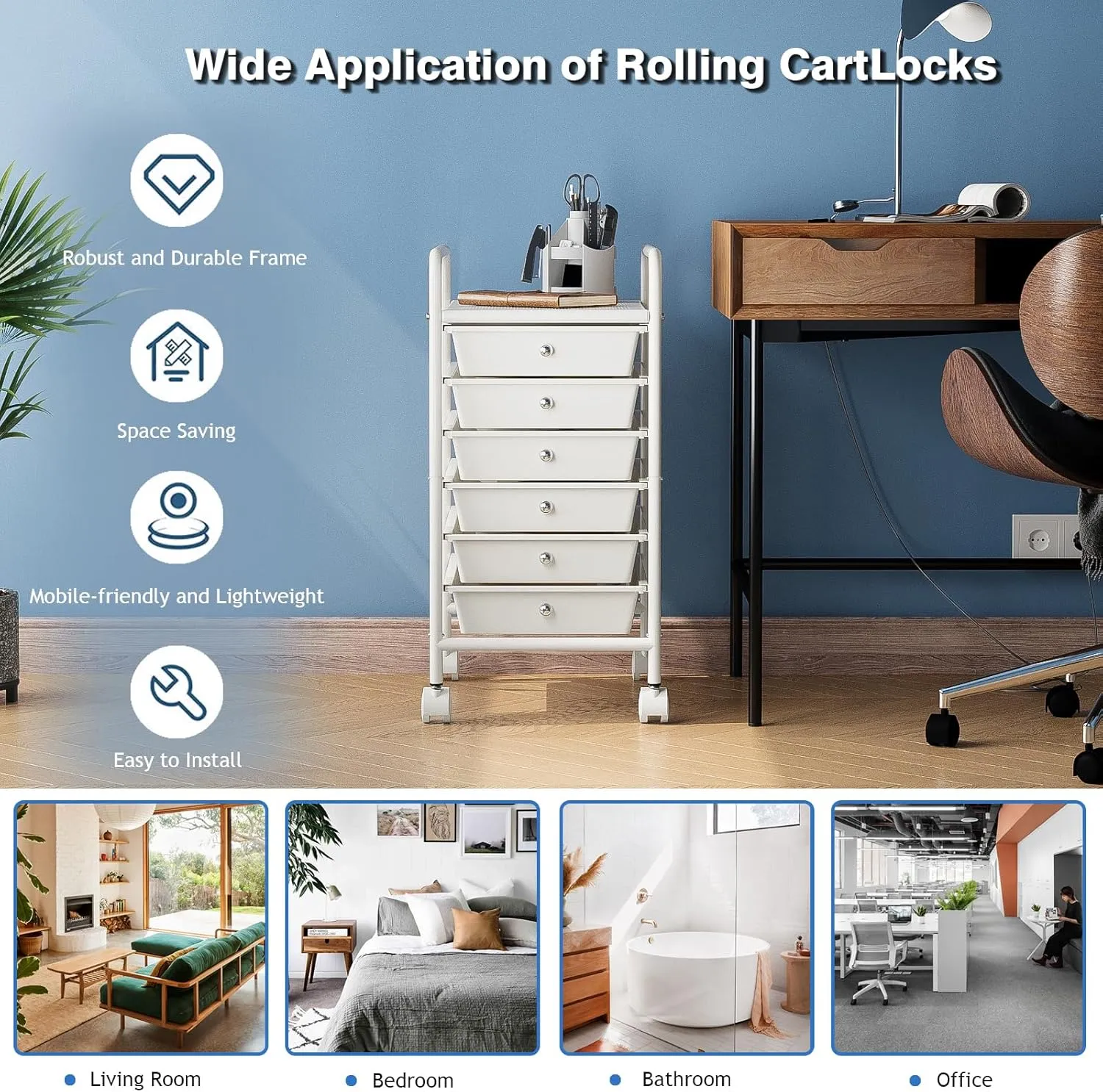 6-Tier Utility Cart with 6 Drawers, Rolling Utility Cart with 2 Lockable Caster Wheels, Multipurpose Mobile Rolling Drawer Cart for Office Bathroom Kitchen, Ivory White
