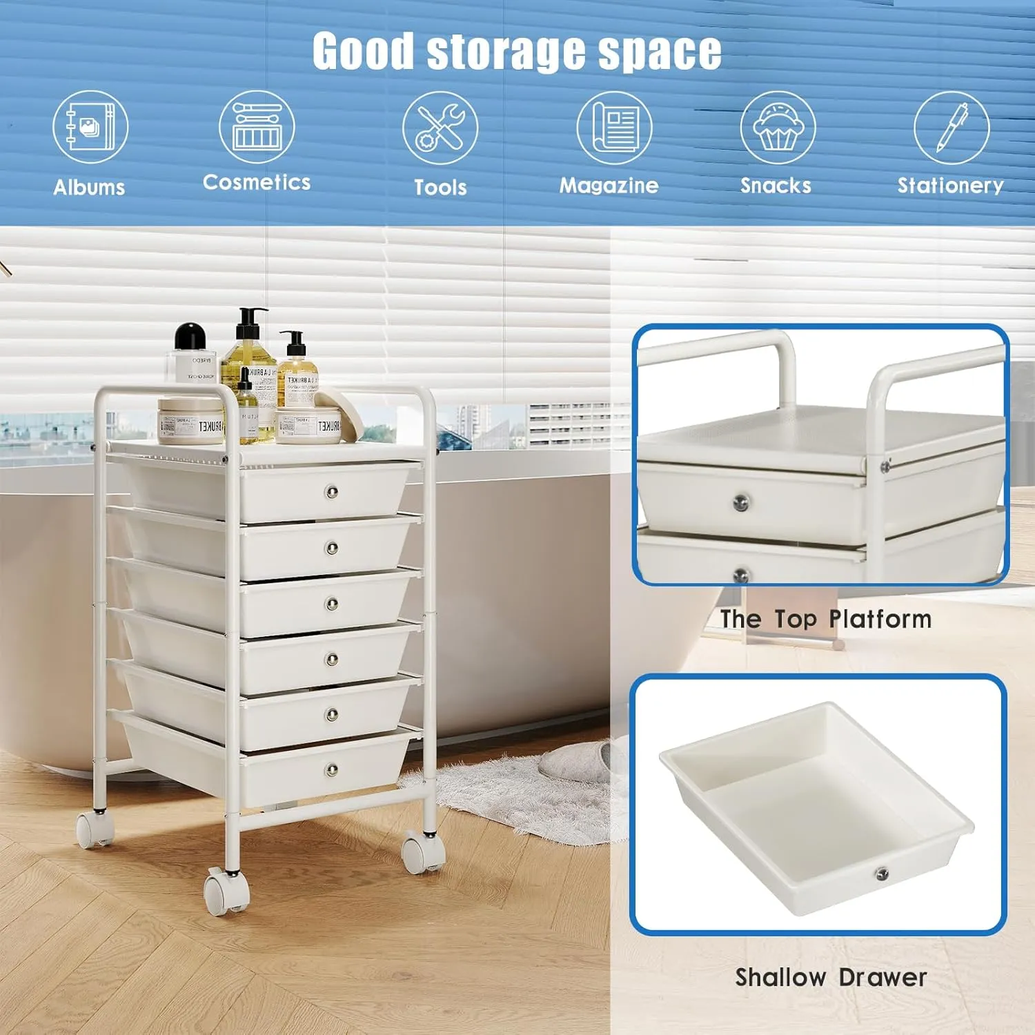 6-Tier Utility Cart with 6 Drawers, Rolling Utility Cart with 2 Lockable Caster Wheels, Multipurpose Mobile Rolling Drawer Cart for Office Bathroom Kitchen, Ivory White