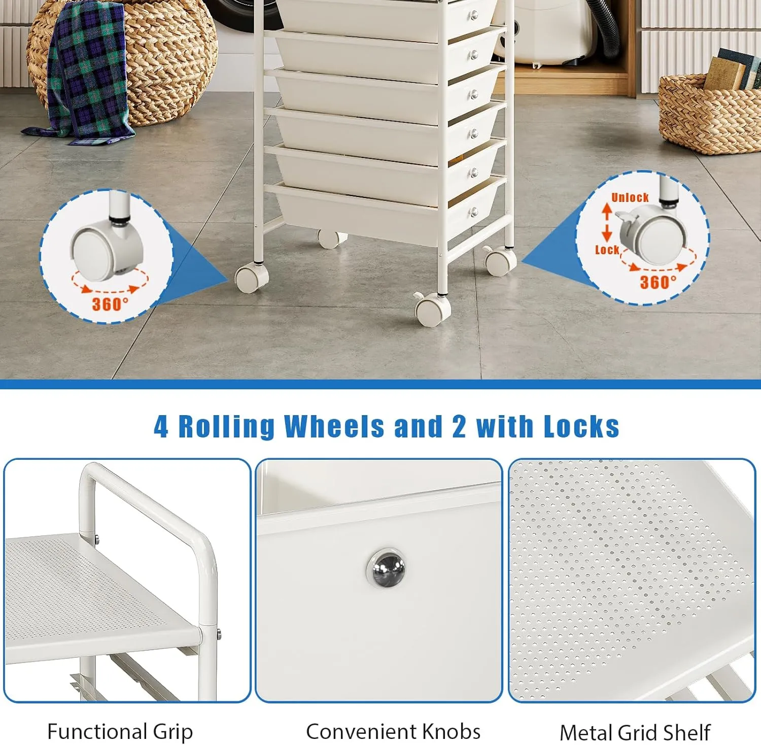 6-Tier Utility Cart with 6 Drawers, Rolling Utility Cart with 2 Lockable Caster Wheels, Multipurpose Mobile Rolling Drawer Cart for Office Bathroom Kitchen, Ivory White