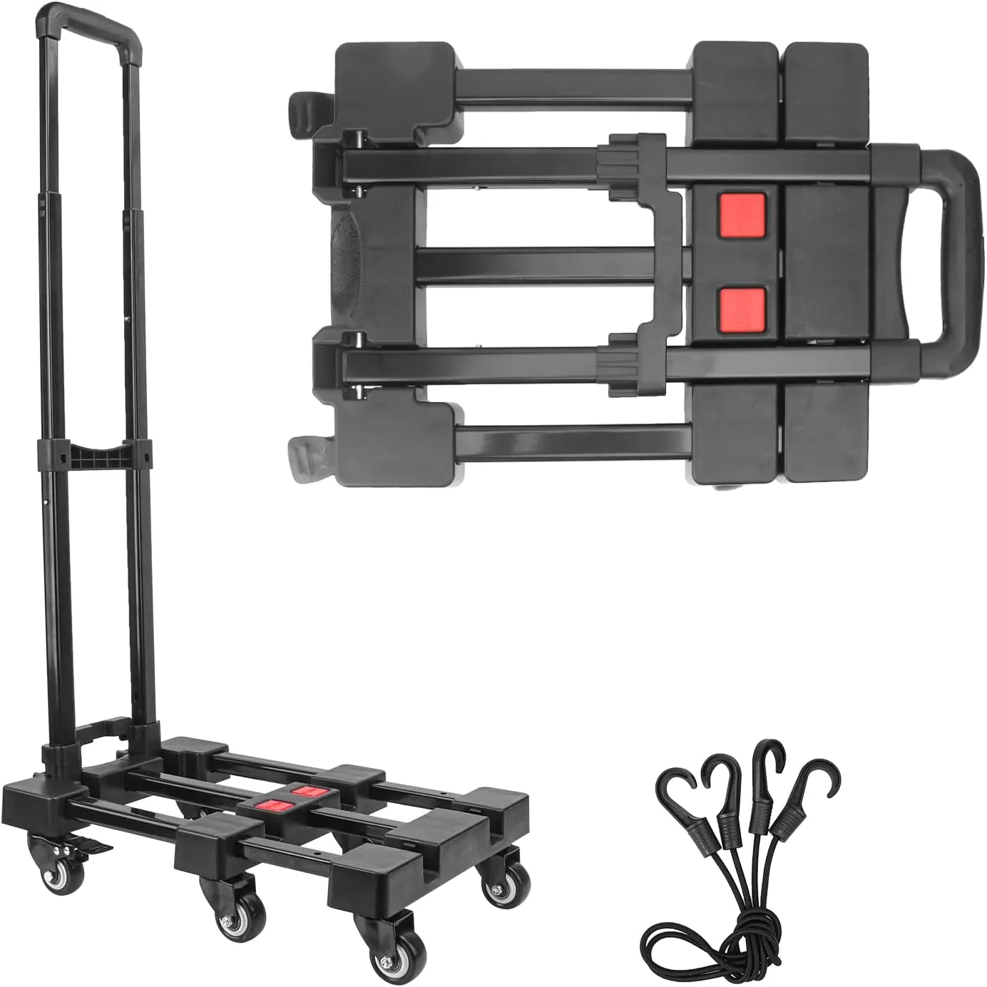6-Wheel Black Folding Hand Truck, 440 lbs Heavy Duty Dolly, Collapsible Dolly Cart, Portable Platform Cart with 2 Elastic Ropes, Foldable Dolly Cart for Moving, Travel