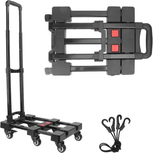 6-Wheel Black Folding Hand Truck, 440 lbs Heavy Duty Dolly, Collapsible Dolly Cart, Portable Platform Cart with 2 Elastic Ropes, Foldable Dolly Cart for Moving, Travel