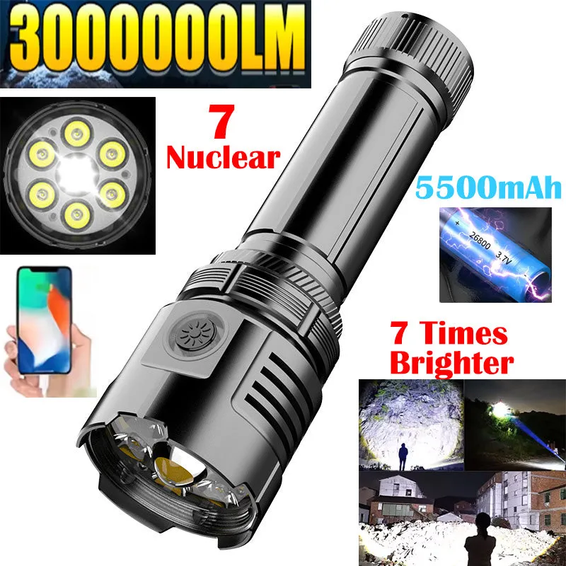 7 Nuclear 300,000Lumens Anti-explosion Powerful Alloy Flashlight With 5500mAh 26800 Lithium Battery High Power White Laser LED Torch Rechargeable Flashlight