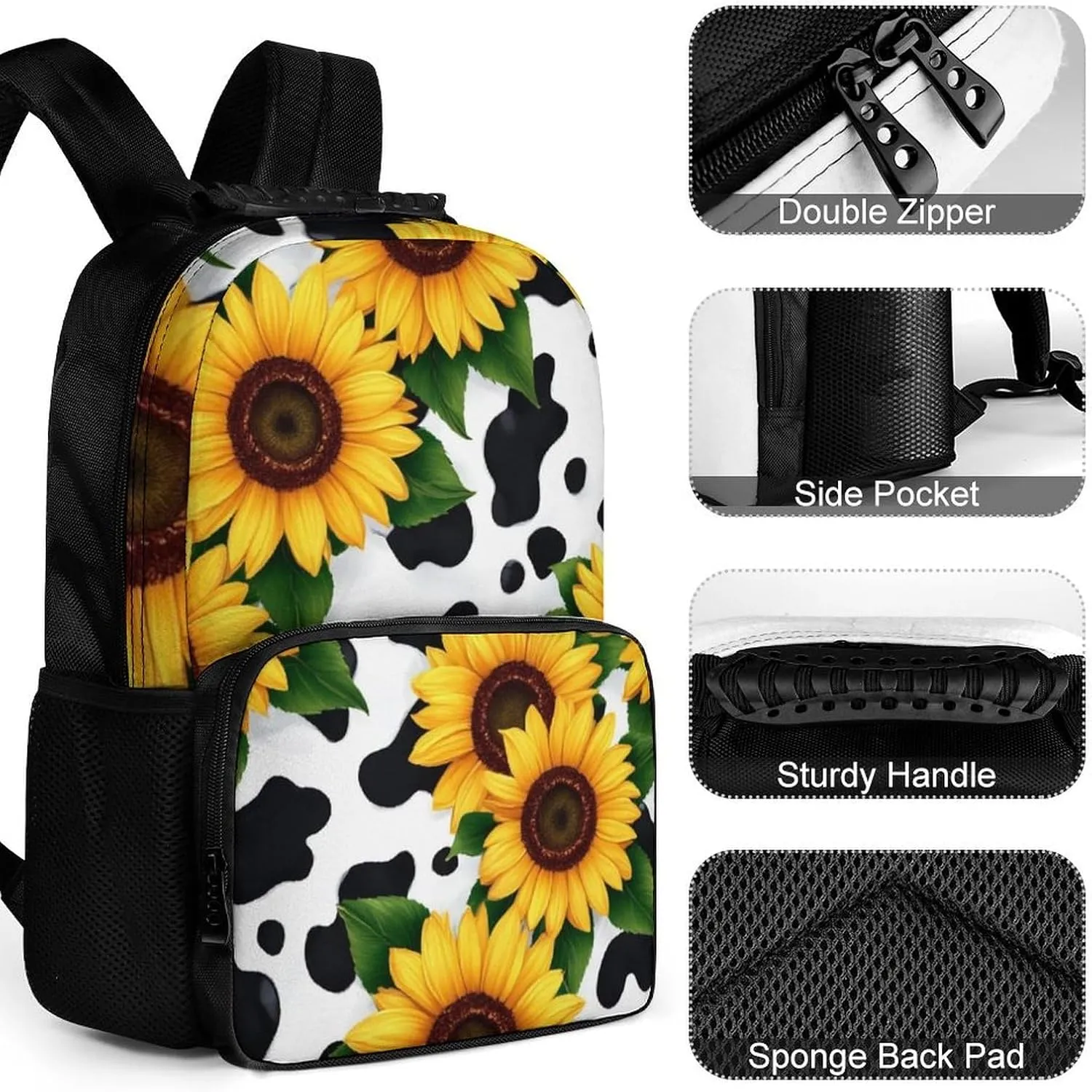 80S Vintage Sunflower Cow Print Daypack Backpack Polyester Multipurpose Anti-Theft Shoulder Bag Big Capacity Gym Outdoor Hiking Backpack With Smooth Zippers