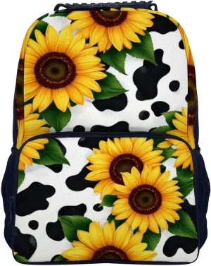80S Vintage Sunflower Cow Print Daypack Backpack Polyester Multipurpose Anti-Theft Shoulder Bag Big Capacity Gym Outdoor Hiking Backpack With Smooth Zippers