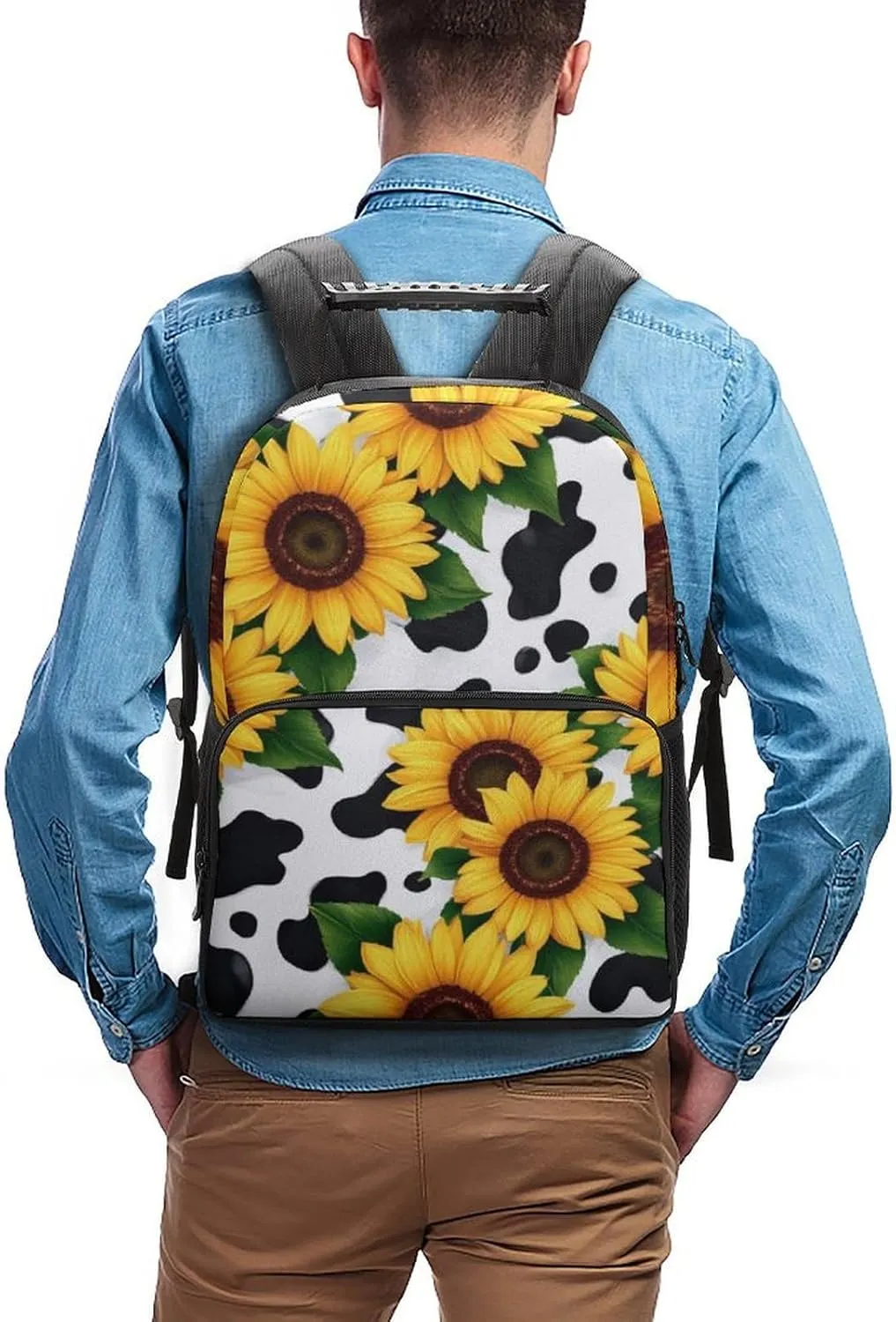 80S Vintage Sunflower Cow Print Daypack Backpack Polyester Multipurpose Anti-Theft Shoulder Bag Big Capacity Gym Outdoor Hiking Backpack With Smooth Zippers