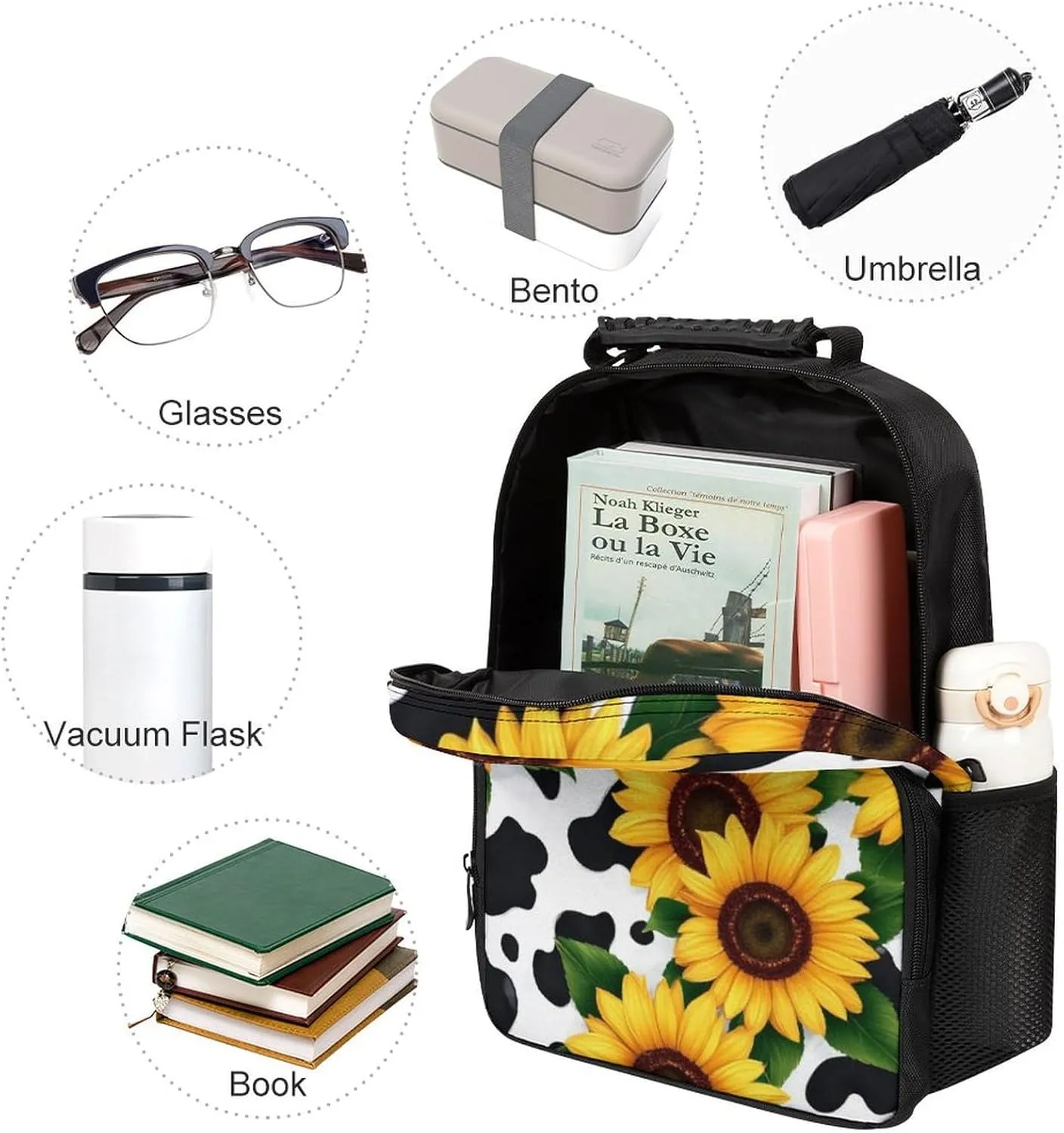 80S Vintage Sunflower Cow Print Daypack Backpack Polyester Multipurpose Anti-Theft Shoulder Bag Big Capacity Gym Outdoor Hiking Backpack With Smooth Zippers