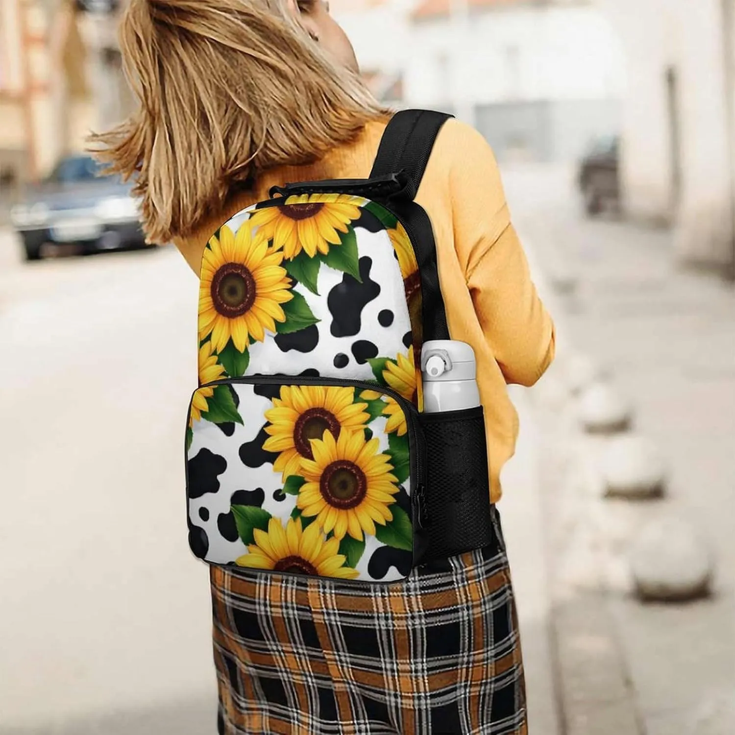 80S Vintage Sunflower Cow Print Daypack Backpack Polyester Multipurpose Anti-Theft Shoulder Bag Big Capacity Gym Outdoor Hiking Backpack With Smooth Zippers