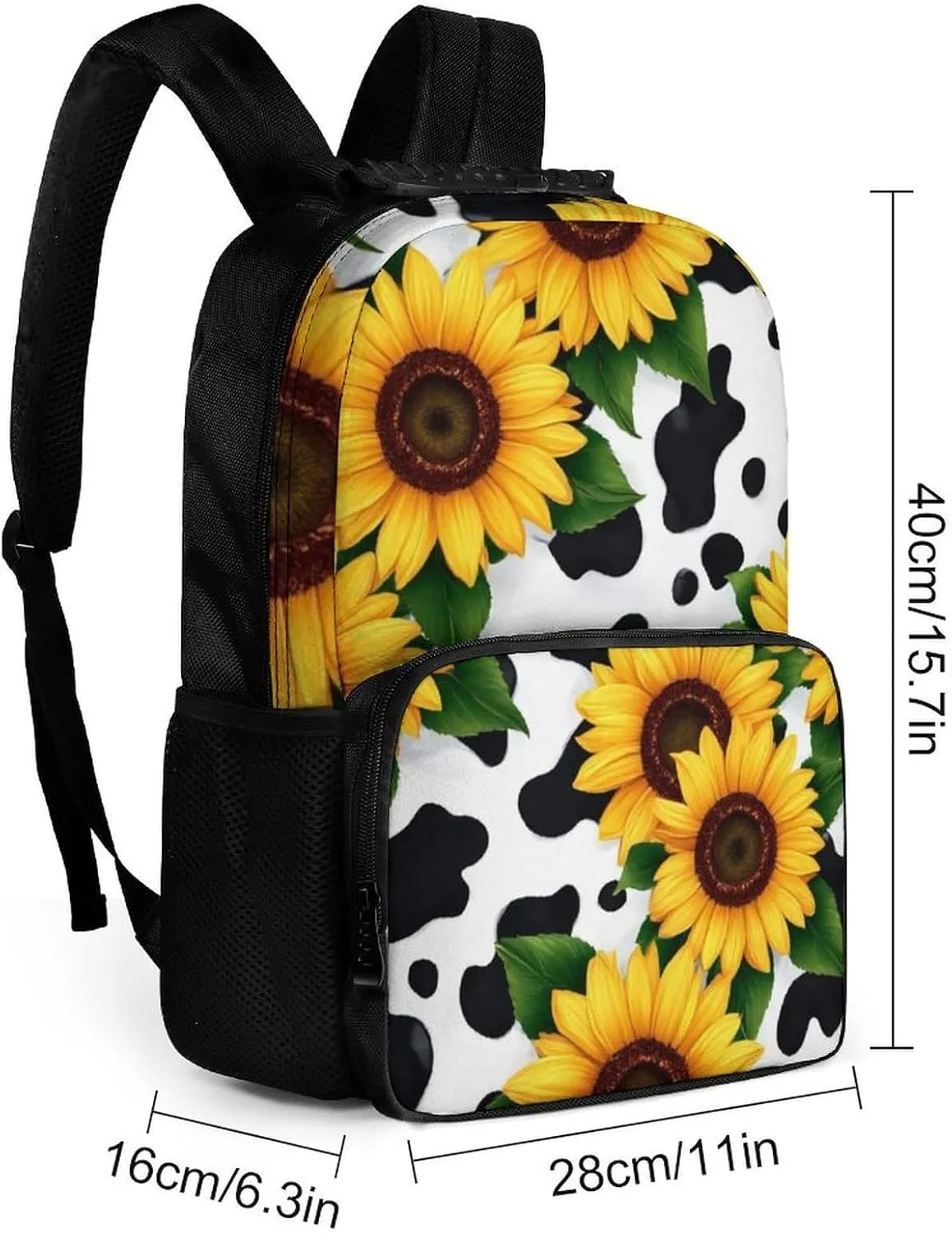 80S Vintage Sunflower Cow Print Daypack Backpack Polyester Multipurpose Anti-Theft Shoulder Bag Big Capacity Gym Outdoor Hiking Backpack With Smooth Zippers