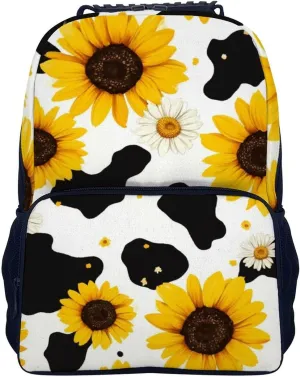 80S Vintage Sunflower Cow Print Rucksack Polyester Anti-Theft Multipurpose Carry On Bag Large Capacity Travel and Sport Backpack Rucksack With Smooth Zippers