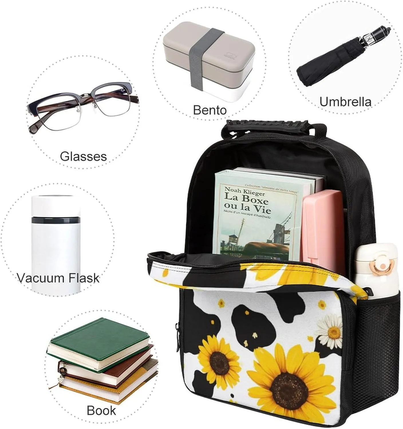 80S Vintage Sunflower Cow Print Rucksack Polyester Anti-Theft Multipurpose Carry On Bag Large Capacity Travel and Sport Backpack Rucksack With Smooth Zippers