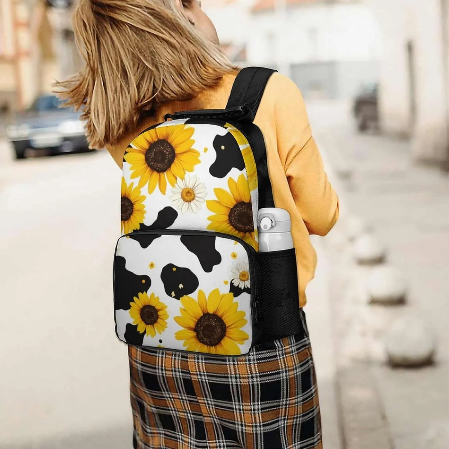 80S Vintage Sunflower Cow Print Rucksack Polyester Anti-Theft Multipurpose Carry On Bag Large Capacity Travel and Sport Backpack Rucksack With Smooth Zippers