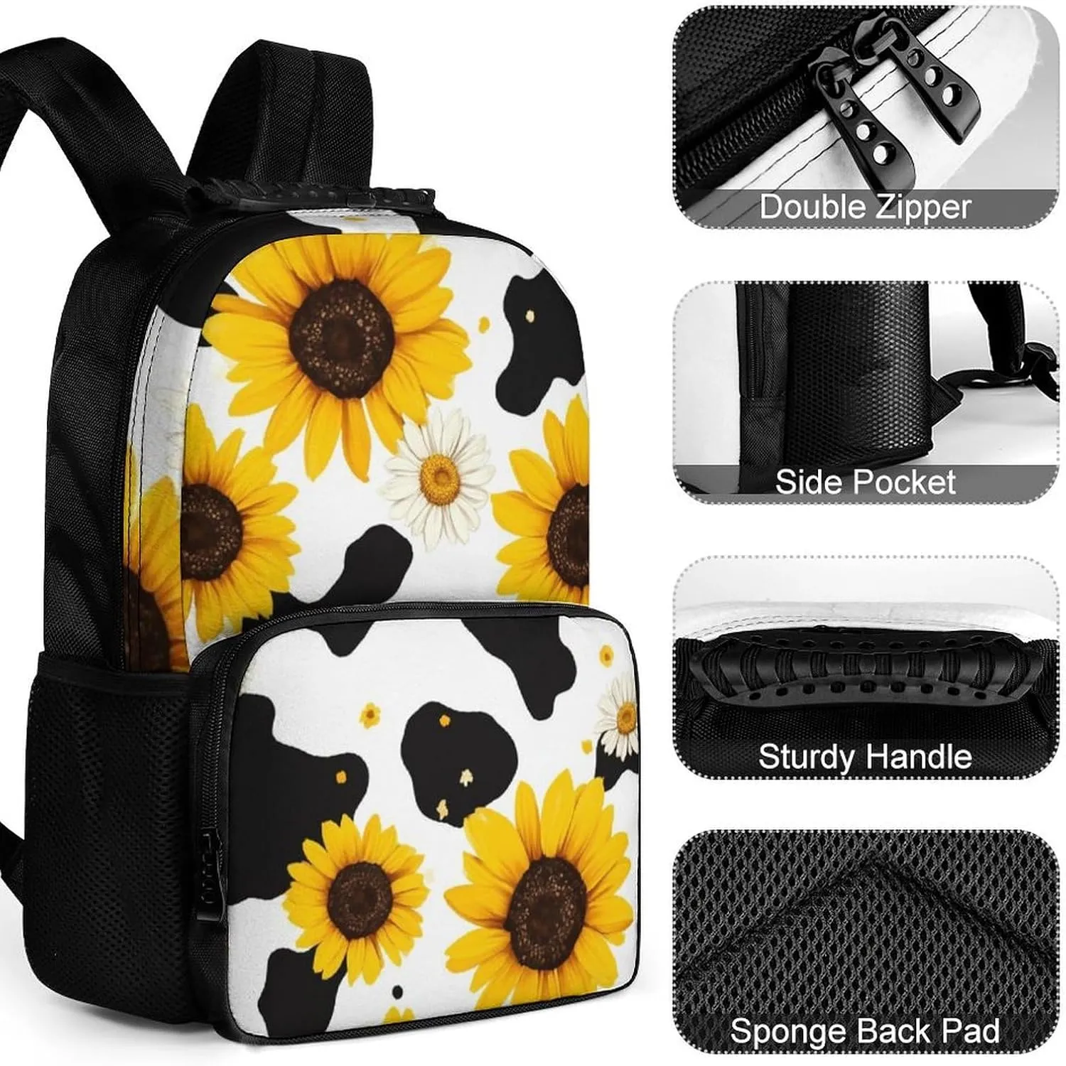 80S Vintage Sunflower Cow Print Rucksack Polyester Anti-Theft Multipurpose Carry On Bag Large Capacity Travel and Sport Backpack Rucksack With Smooth Zippers