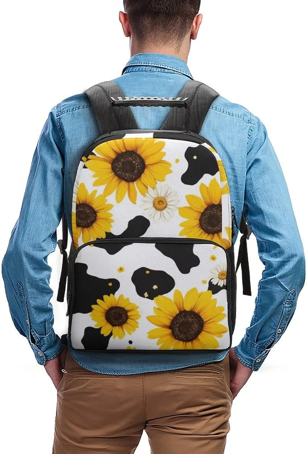 80S Vintage Sunflower Cow Print Rucksack Polyester Anti-Theft Multipurpose Carry On Bag Large Capacity Travel and Sport Backpack Rucksack With Smooth Zippers