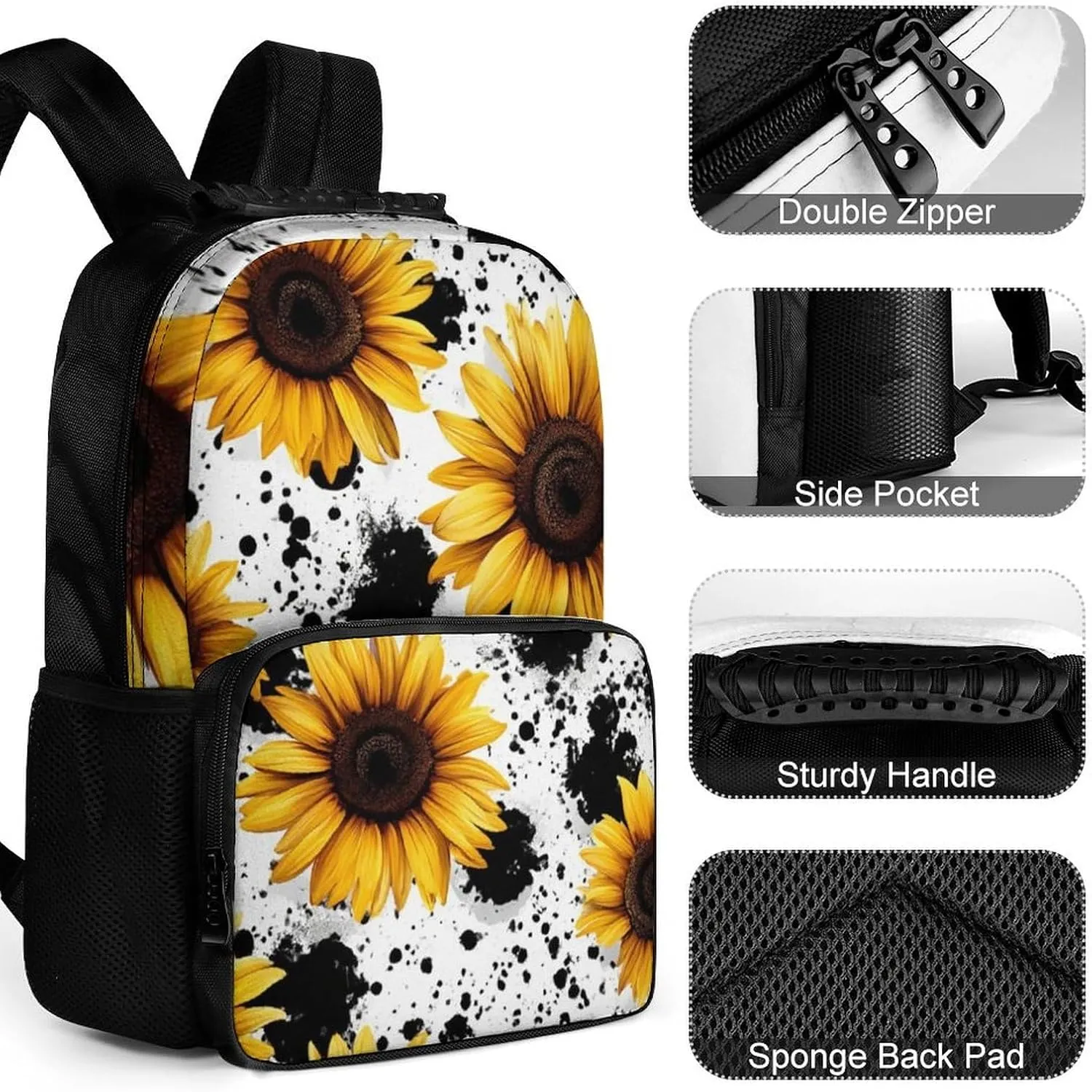 80S Vintage Sunflower Cow Print Rucksacks Lightweight Multipurpose Anti-Theft Shoulder Bag Big Capacity Traveling & Camping Backpack With Side Pockets