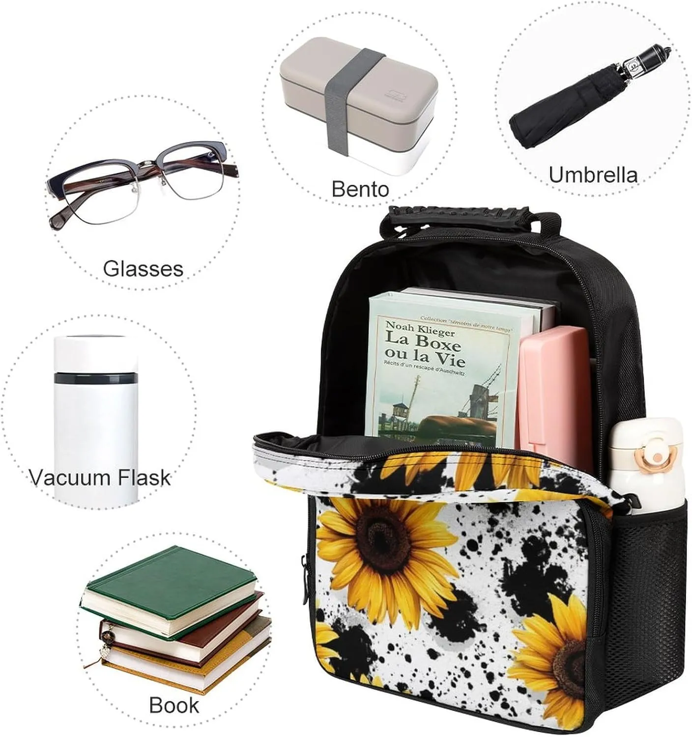 80S Vintage Sunflower Cow Print Rucksacks Lightweight Multipurpose Anti-Theft Shoulder Bag Big Capacity Traveling & Camping Backpack With Side Pockets