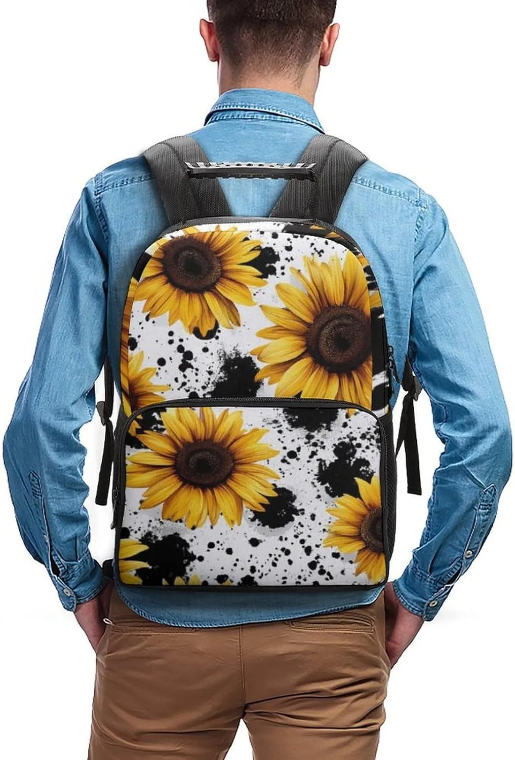 80S Vintage Sunflower Cow Print Rucksacks Lightweight Multipurpose Anti-Theft Shoulder Bag Big Capacity Traveling & Camping Backpack With Side Pockets