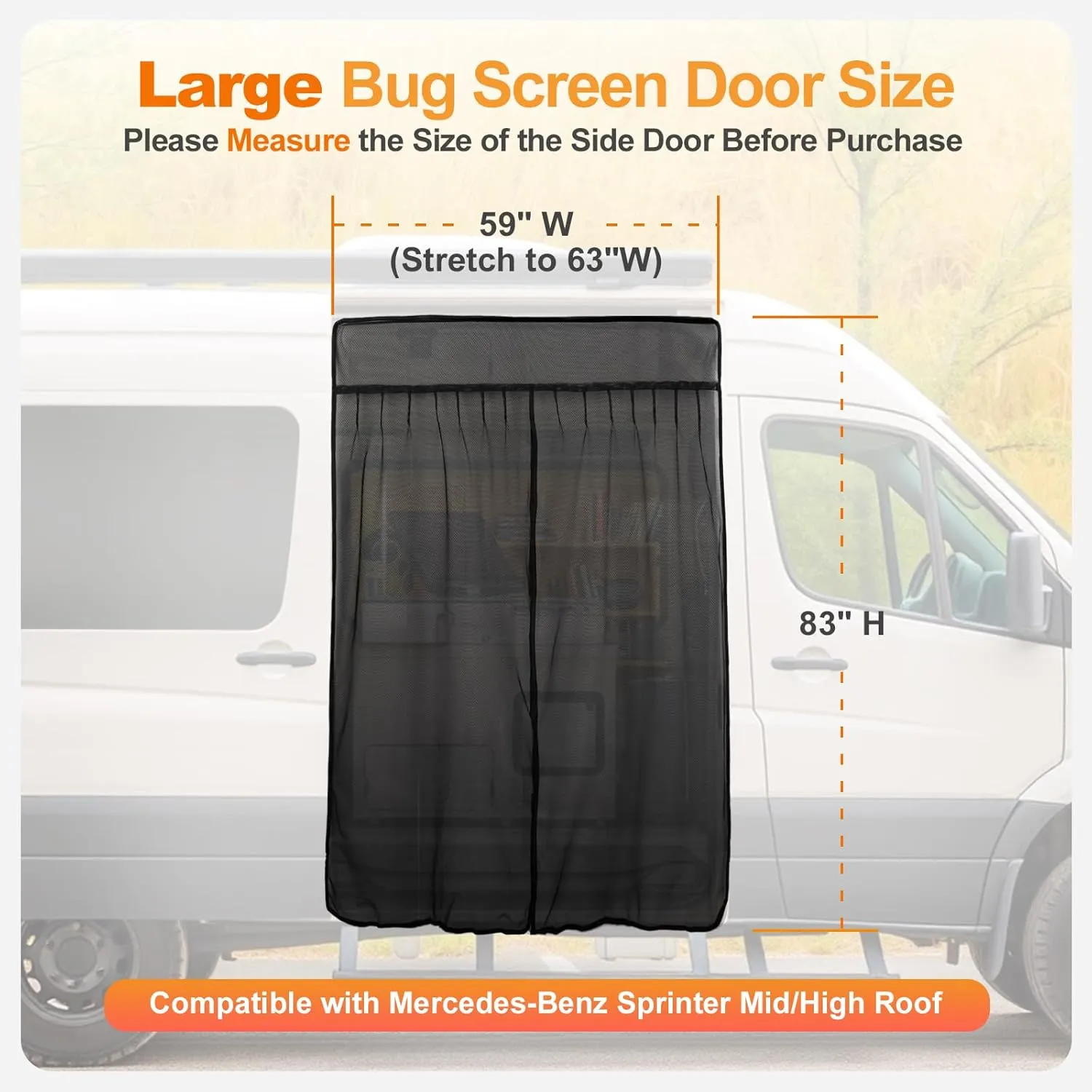 83" H x 59" W Sliding Door Van Bug Screen, Magnetic Closure Van Screen Mesh Curtains, Side Door Camping Mosquito Net, Compatible with Mercedes-Benz Sprinter Mid/High Roof, Campervan, Large