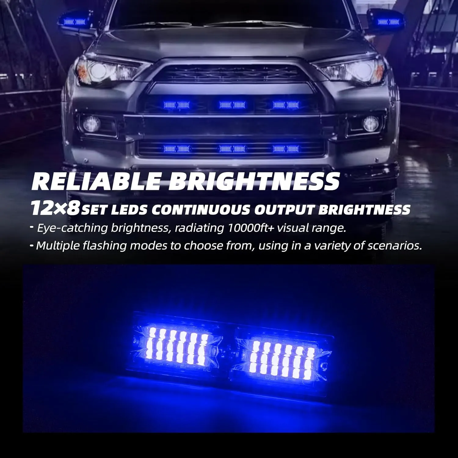 8pcs 12-LED Emergency Strobe Light Ultra Slim Grille Flashing Warning Light Kit for Vehicles and Trucks (Blue)