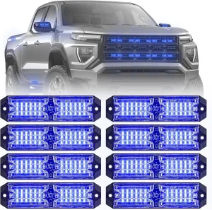 8pcs 12-LED Emergency Strobe Light Ultra Slim Grille Flashing Warning Light Kit for Vehicles and Trucks (Blue)