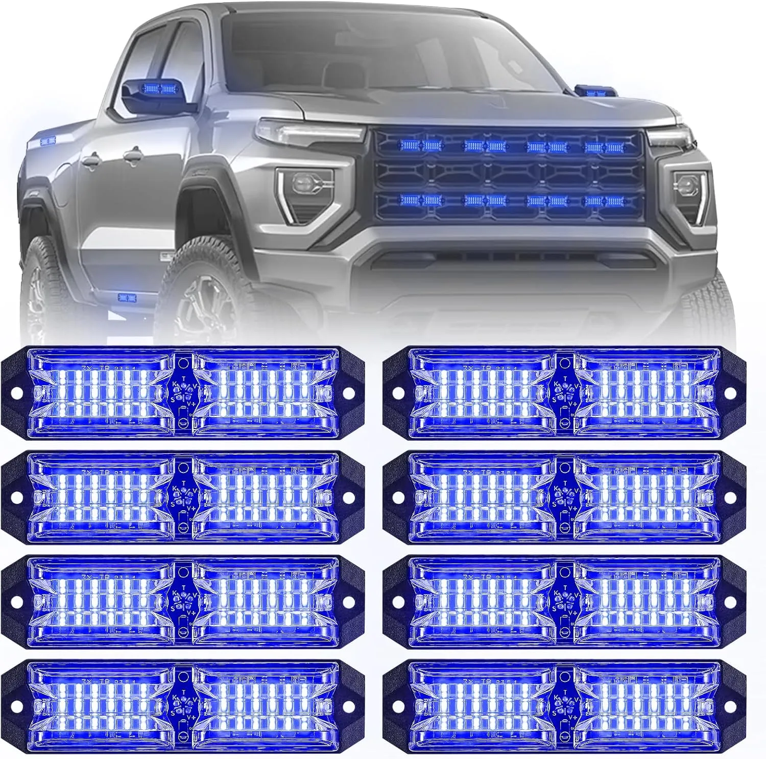 8pcs 12-LED Emergency Strobe Light Ultra Slim Grille Flashing Warning Light Kit for Vehicles and Trucks (Blue)
