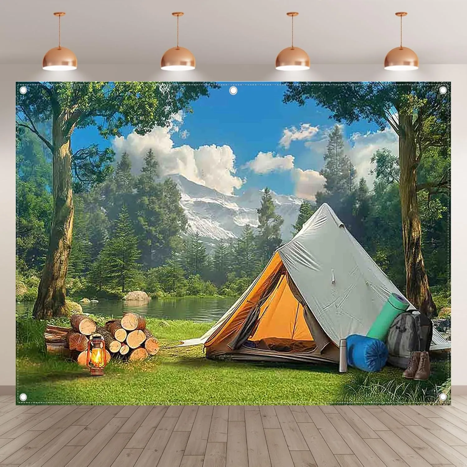 8x6ft Fabric Camping Backdrop Wild Forest Natural Scenery Tent Mountain Lake Photography Background Outdoor Adventure Party Decorations Photo Banner Props