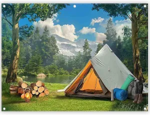 8x6ft Fabric Camping Backdrop Wild Forest Natural Scenery Tent Mountain Lake Photography Background Outdoor Adventure Party Decorations Photo Banner Props