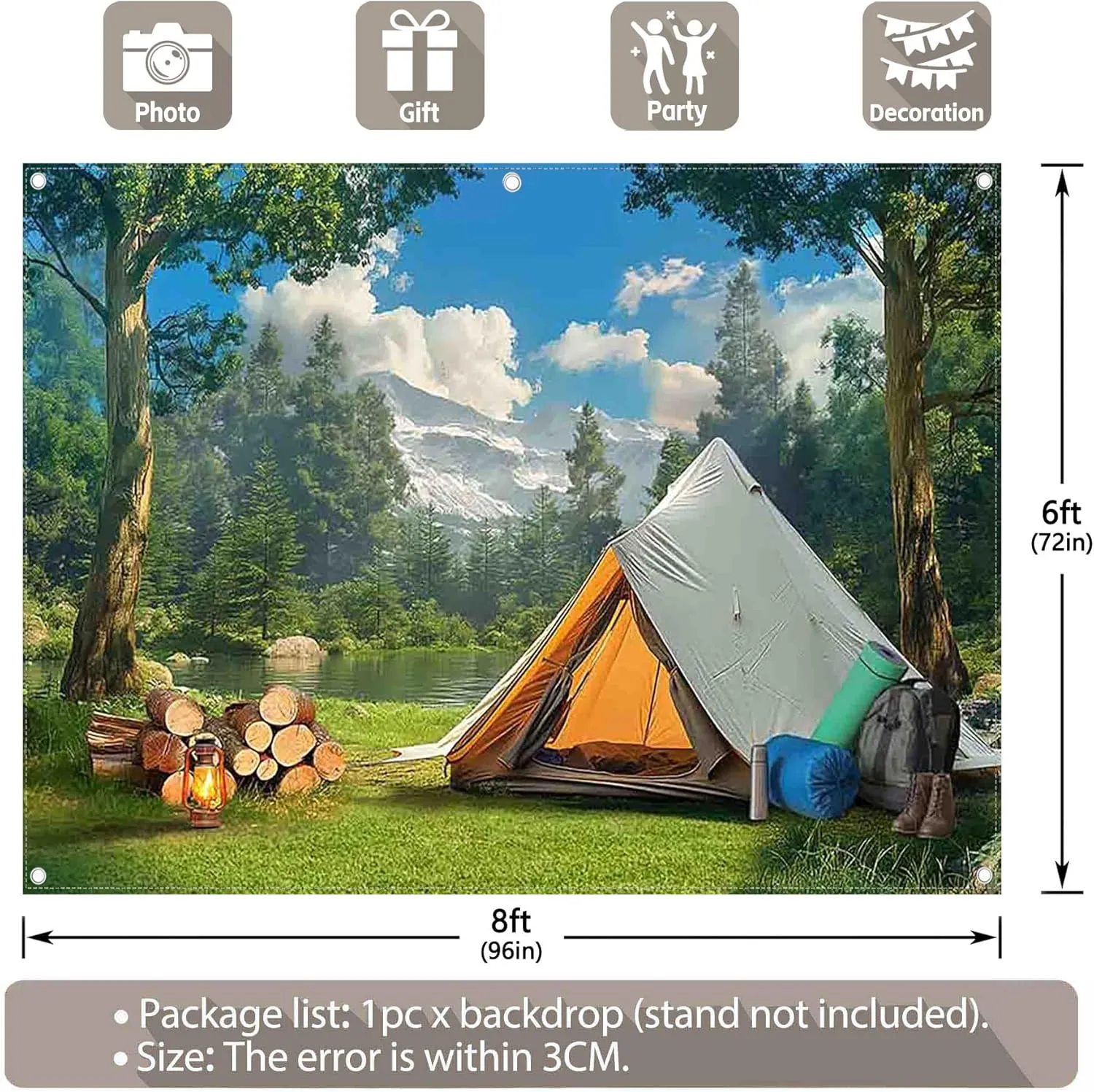 8x6ft Fabric Camping Backdrop Wild Forest Natural Scenery Tent Mountain Lake Photography Background Outdoor Adventure Party Decorations Photo Banner Props