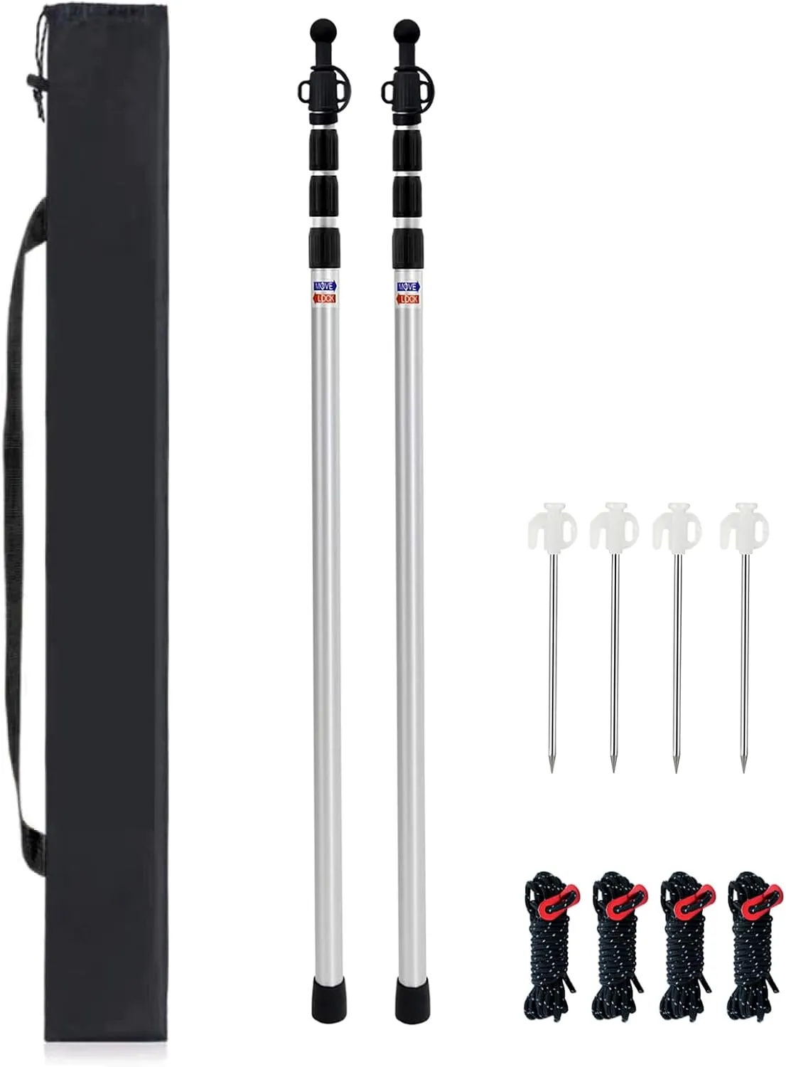 98.42'' Aluminum Camping Tarp Poles Adjustable,Telescoping & Portable Tent Poles Replacement (2 Pack), it Comes with 4 Metal Stake, 4 Guy Line Cord with Guyline Adjuster & 1 Storage Bag
