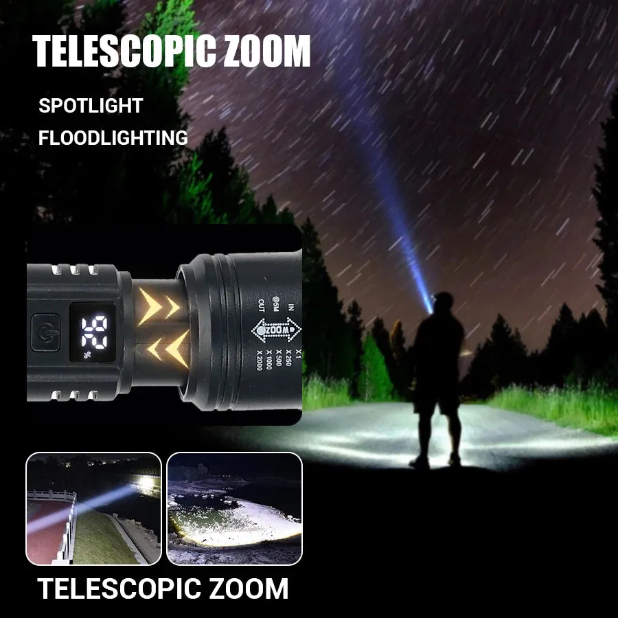 9900LM Powerful LED Flashlight with Battery Display, USB Rechargeable, Telescopic Zoom Torch for Outdoor Camping and Fishing