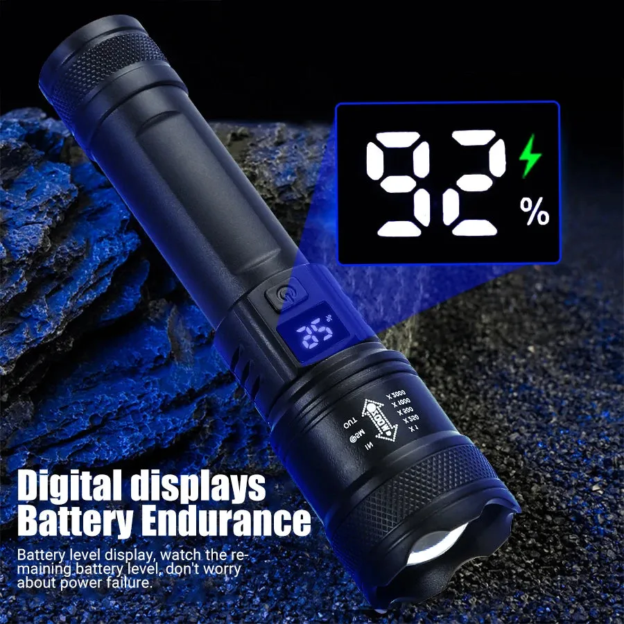 9900LM Powerful LED Flashlight with Battery Display, USB Rechargeable, Telescopic Zoom Torch for Outdoor Camping and Fishing