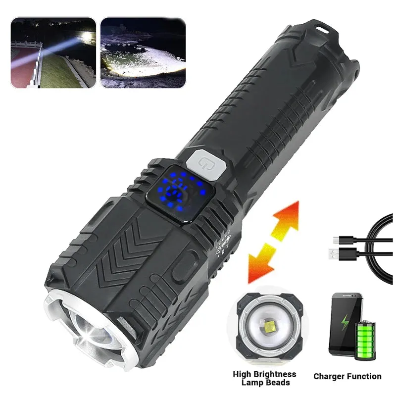 9900LM Powerful LED Flashlight with Battery Display, USB Rechargeable, Telescopic Zoom Torch for Outdoor Camping and Fishing