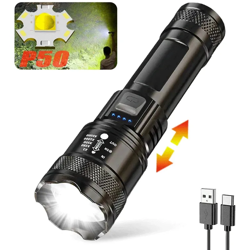 9900LM Powerful LED Flashlight with Battery Display, USB Rechargeable, Telescopic Zoom Torch for Outdoor Camping and Fishing