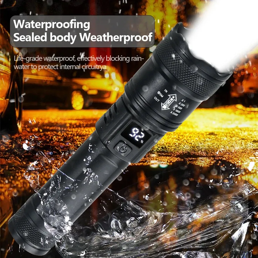9900LM Powerful LED Flashlight with Battery Display, USB Rechargeable, Telescopic Zoom Torch for Outdoor Camping and Fishing