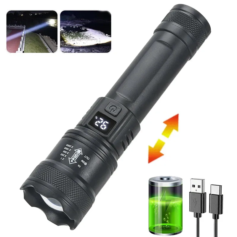 9900LM Powerful LED Flashlight with Battery Display, USB Rechargeable, Telescopic Zoom Torch for Outdoor Camping and Fishing