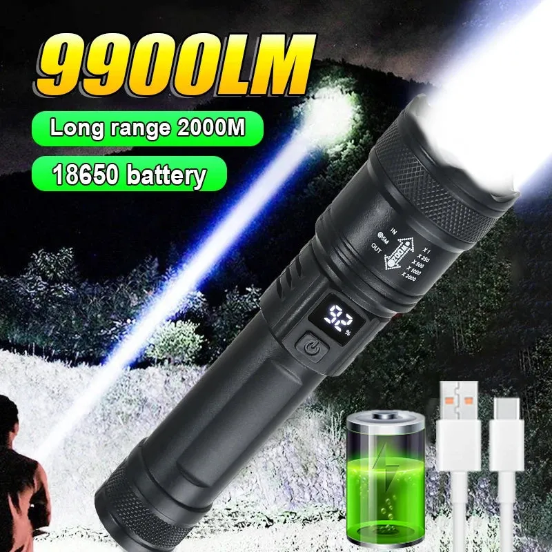 9900LM Powerful LED Flashlight with Battery Display, USB Rechargeable, Telescopic Zoom Torch for Outdoor Camping and Fishing