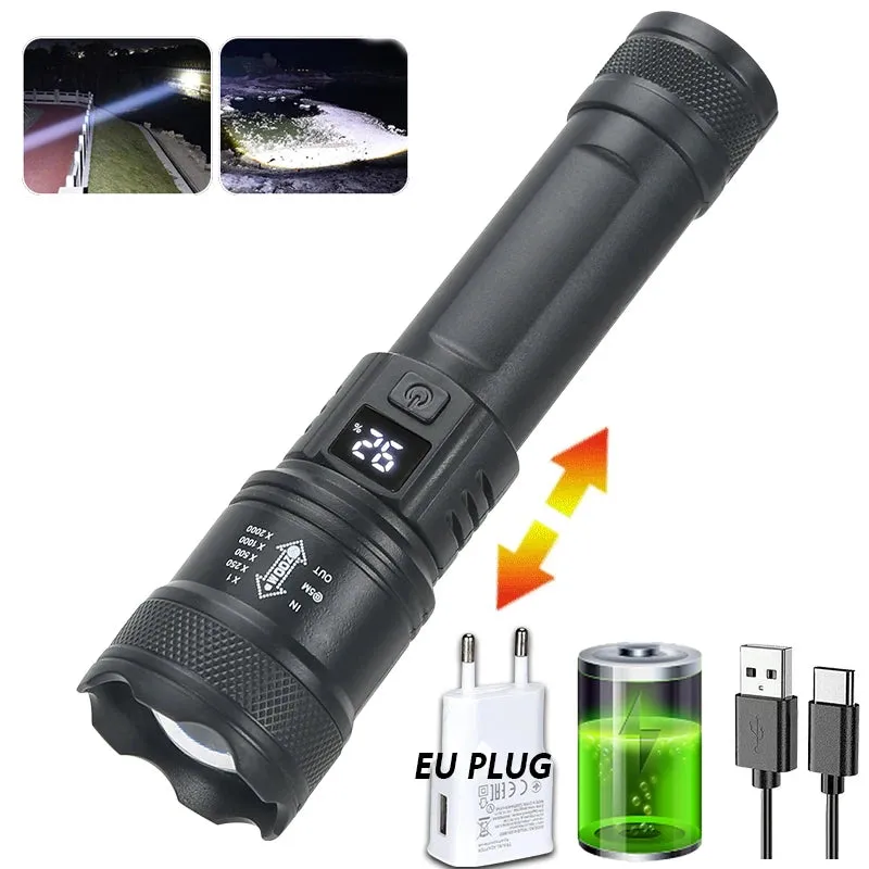 9900LM Powerful LED Flashlight with Battery Display, USB Rechargeable, Telescopic Zoom Torch for Outdoor Camping and Fishing