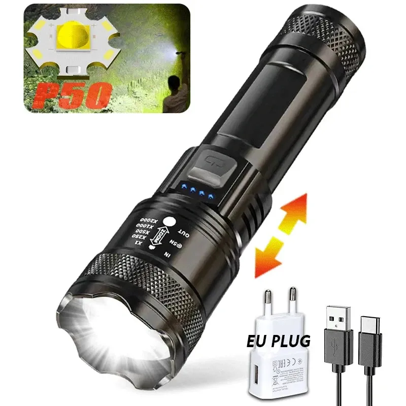 9900LM Powerful LED Flashlight with Battery Display, USB Rechargeable, Telescopic Zoom Torch for Outdoor Camping and Fishing