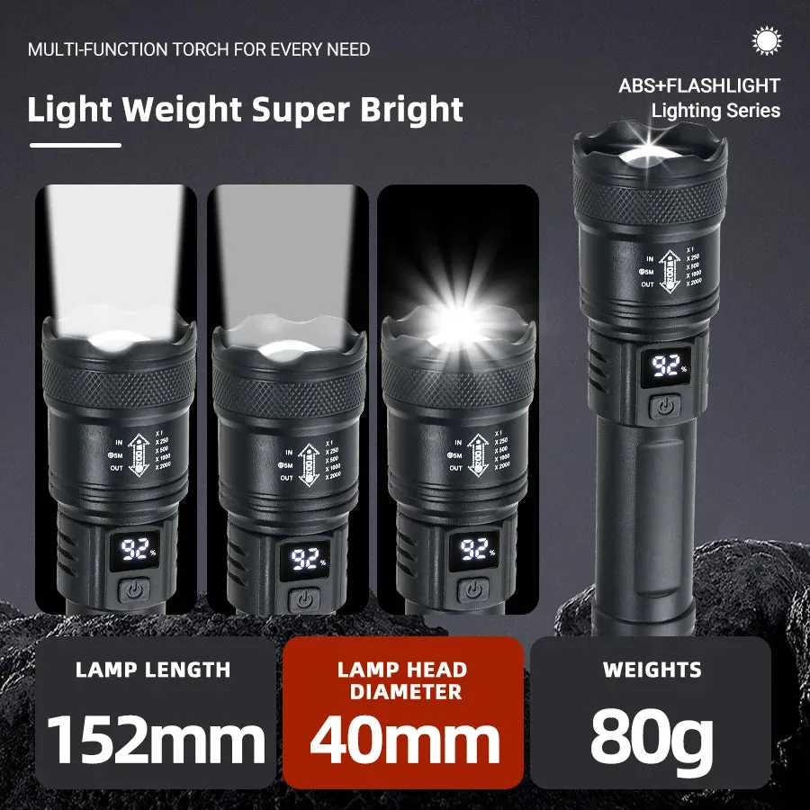 9900LM Powerful LED Flashlight with Battery Display, USB Rechargeable, Telescopic Zoom Torch for Outdoor Camping and Fishing