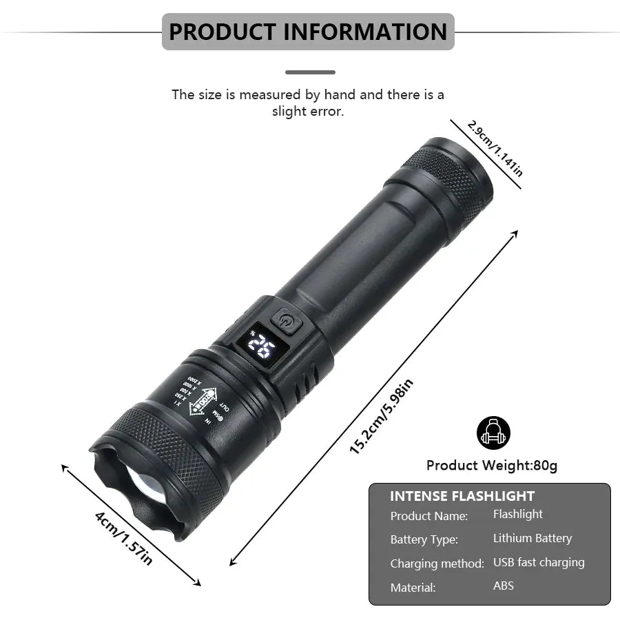 9900LM Powerful LED Flashlight with Battery Display, USB Rechargeable, Telescopic Zoom Torch for Outdoor Camping and Fishing