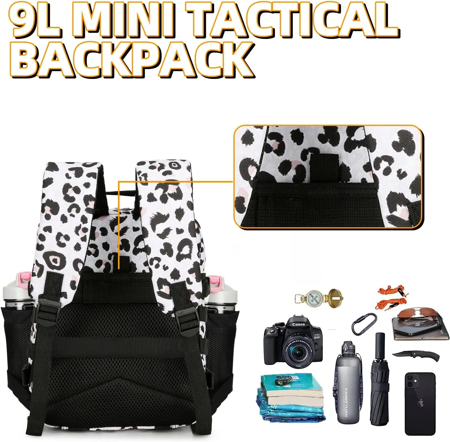 9L Mini Tactical Backpack 9L Assault Pack 9L Tactical Backpack Hiking Fitness Backpack（White Leopard）