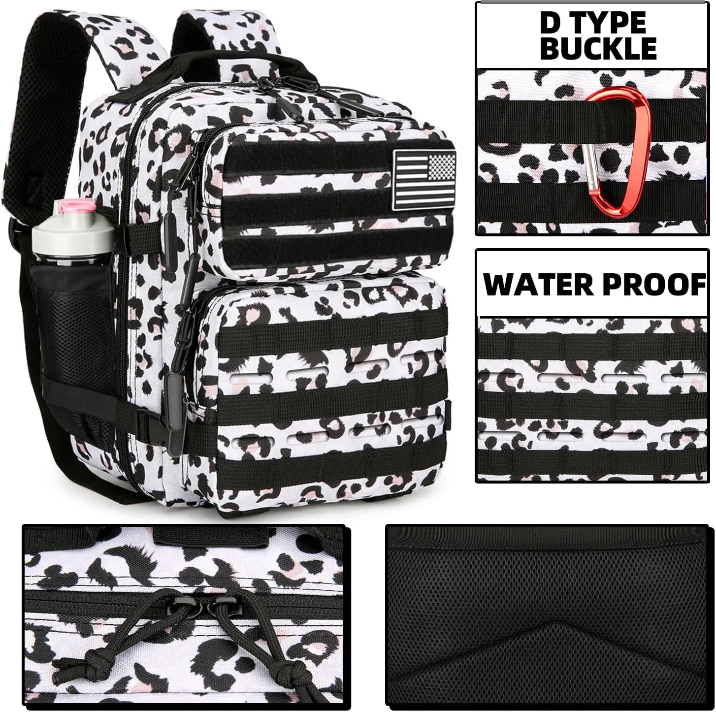 9L Mini Tactical Backpack 9L Assault Pack 9L Tactical Backpack Hiking Fitness Backpack（White Leopard）